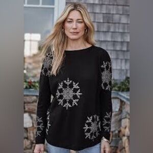 J. Jill Black Knit Sweater with Silver Snowflake Motifs